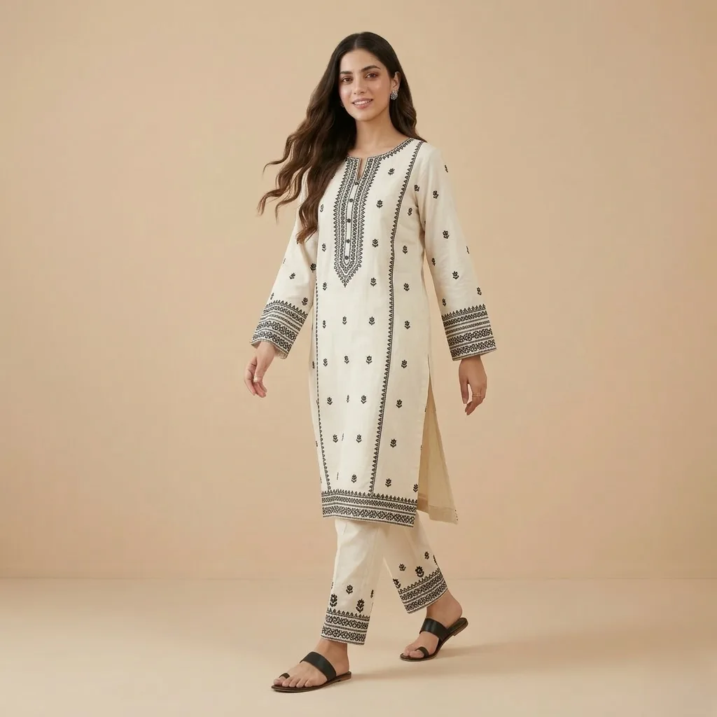 Ivory Embroidered Cotton Kurti - Image 4