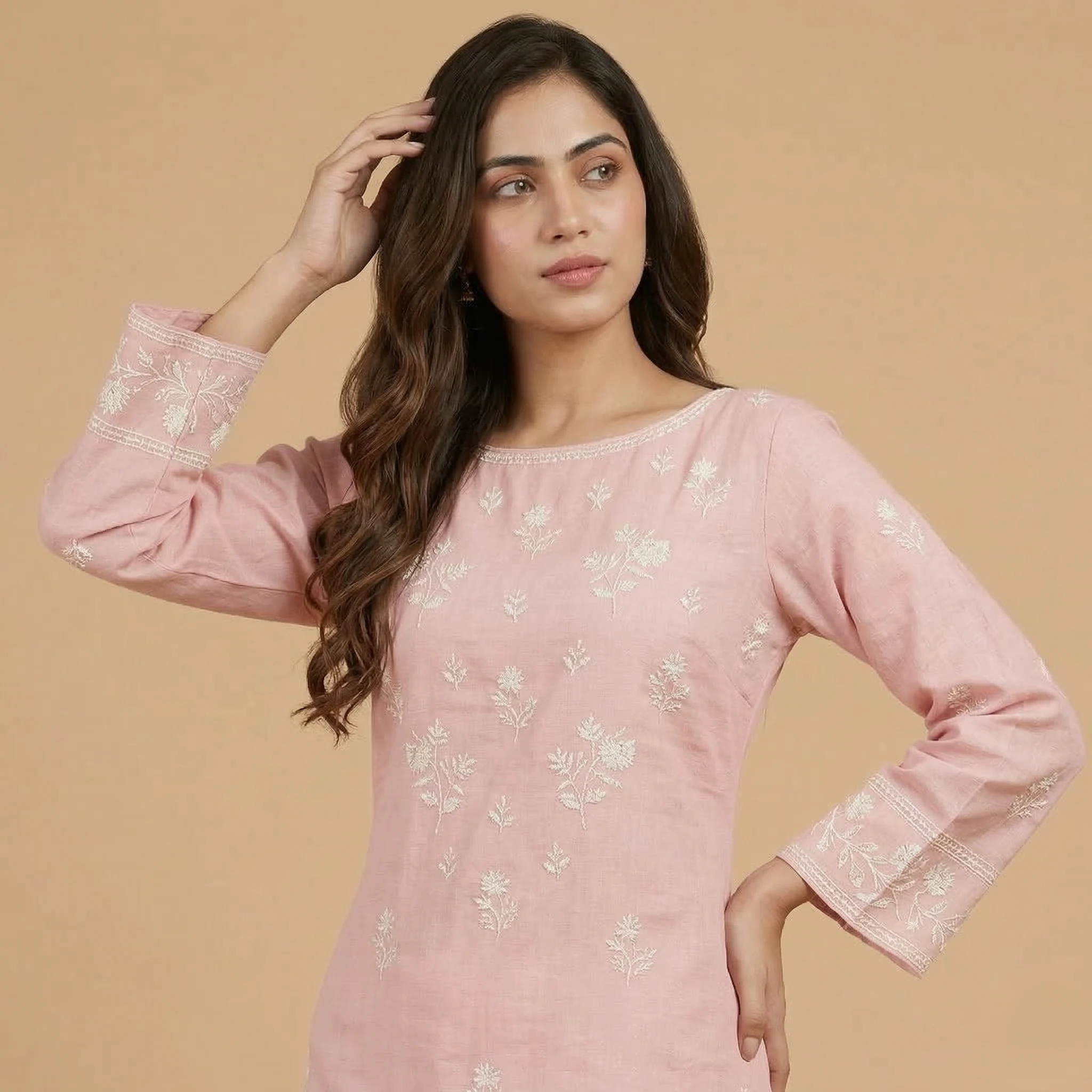 Pink Embroidered Cotton Kurti - Image 3