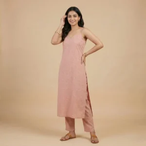 Women's pink cotton sleeveless kurti with floral print and V-neck design.