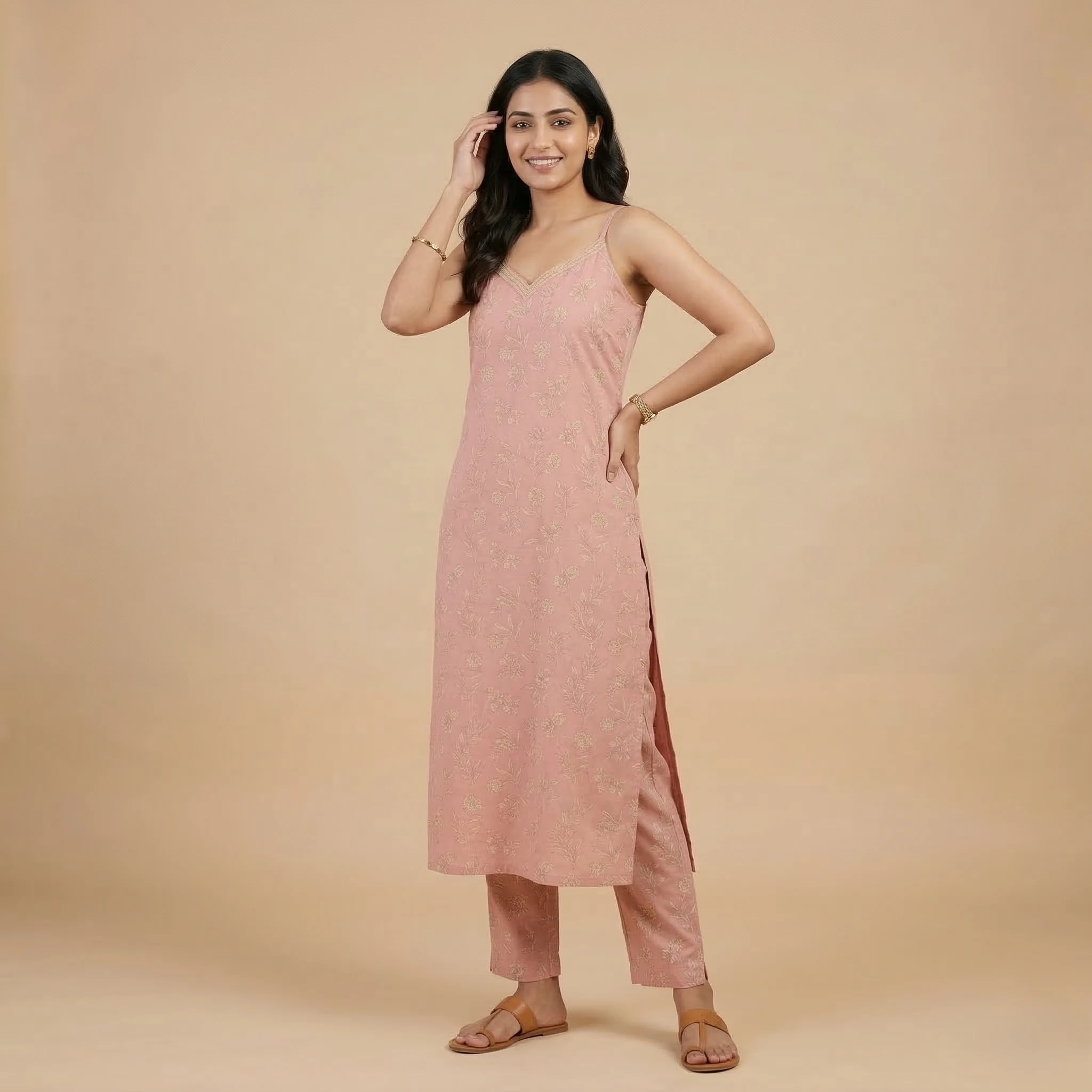 Women's pink cotton sleeveless kurti with floral print and V-neck design.