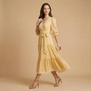 Yellow floral midi dress for women with wrap neckline, puff sleeves, and tiered skirt