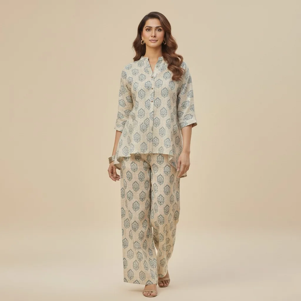 Woman wearing a beige printed co ord set for women by Rimson Lifestyle