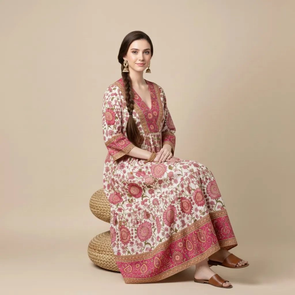 Woman wearing a pink floral printed maxi dress for women by Rimson Lifestyle