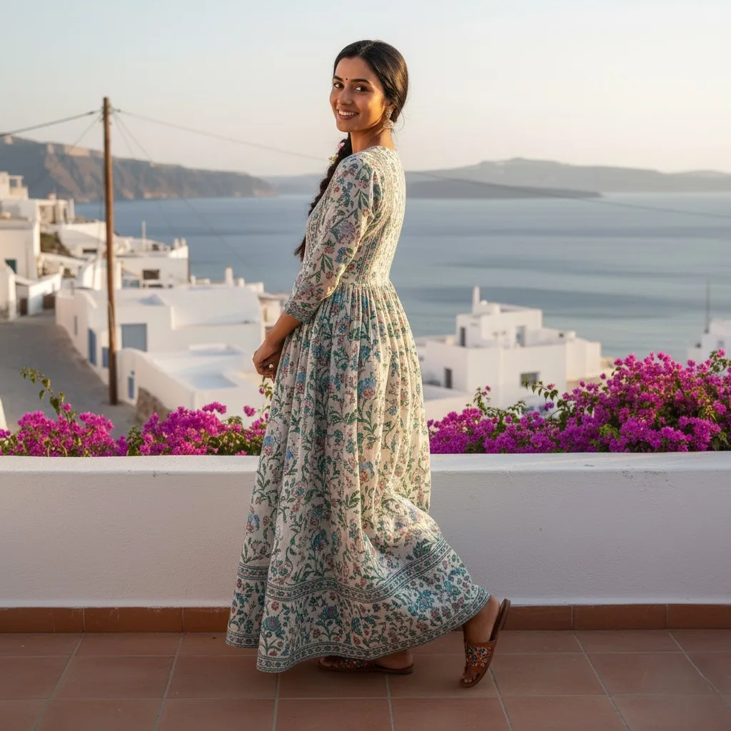 Woman wearing a floral printed Anarkali dress for women by Rimson Lifestyle