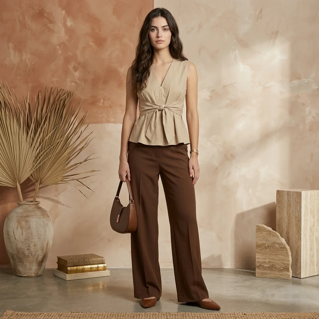 Woman wearing a beige sleeveless wrap top with brown trousers by Rimson Lifestyle
