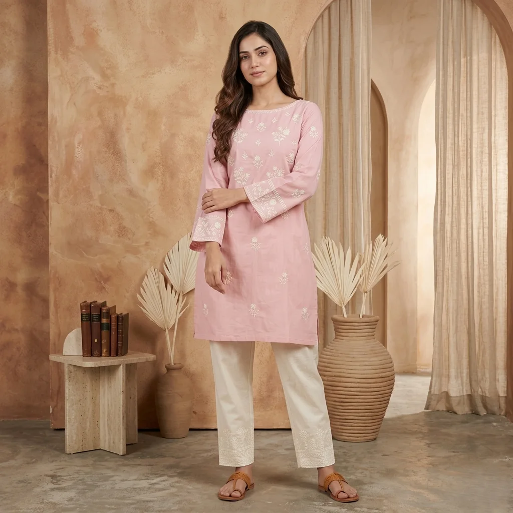 Woman wearing a pink embroidered kurti for women by Rimson Lifestyle