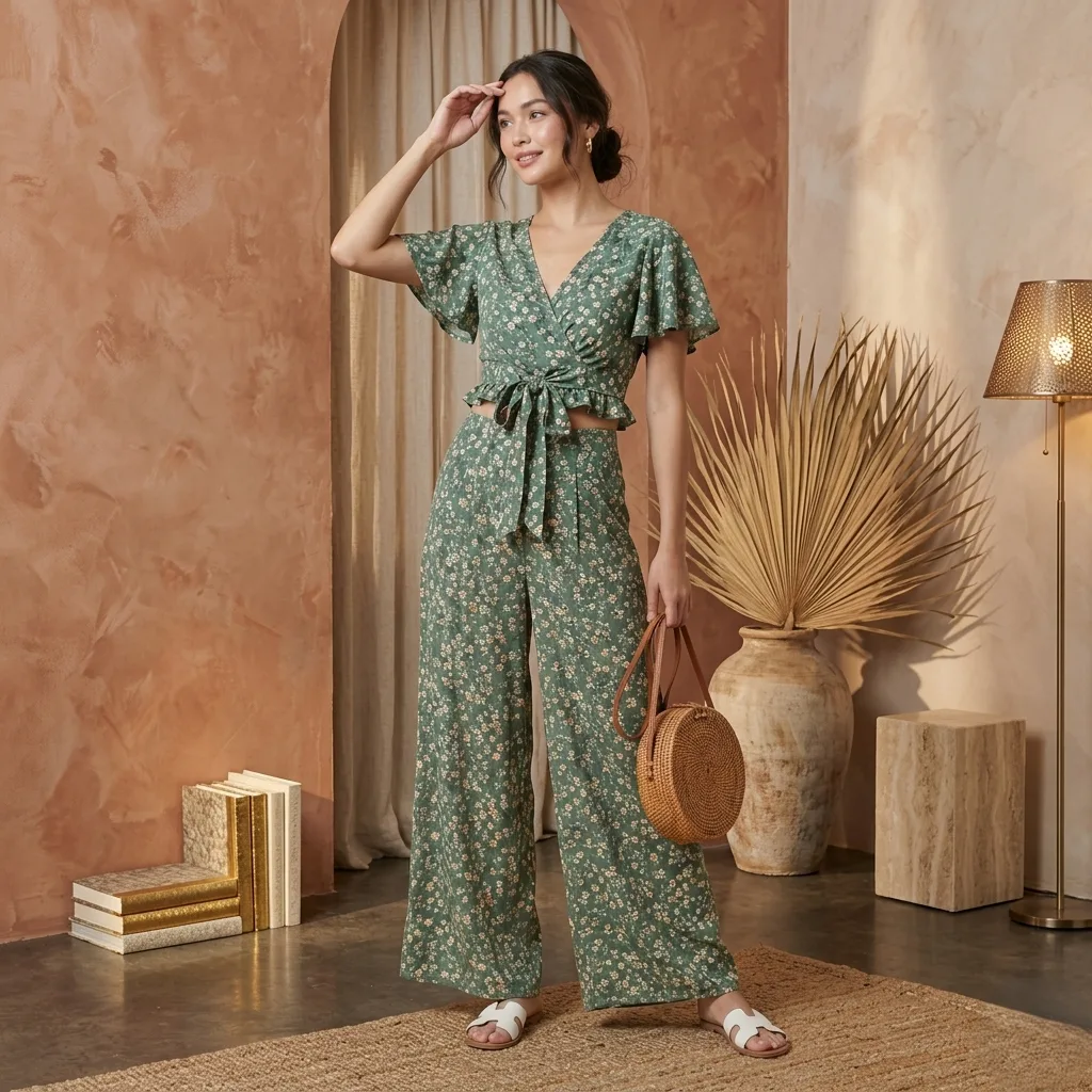 Woman wearing a green floral printed co ord set for women by Rimson Lifestyle