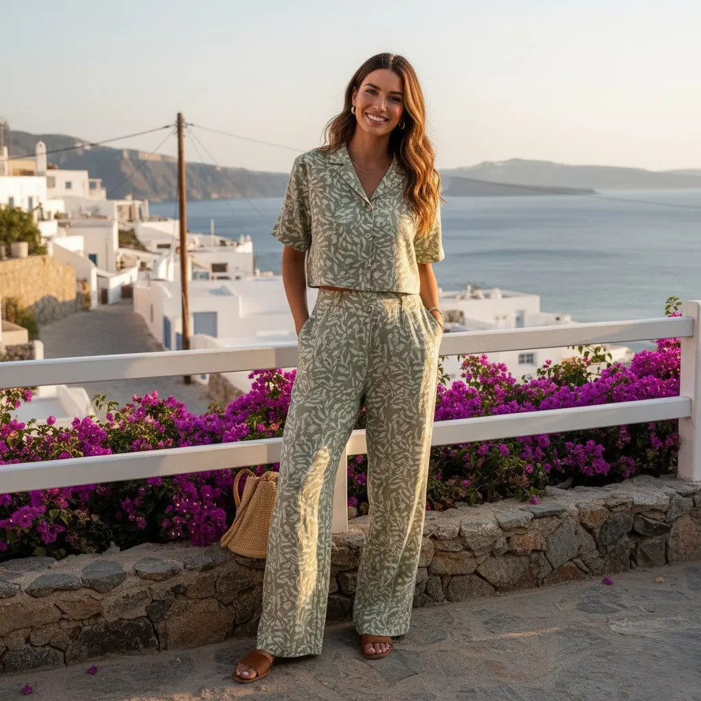 Woman wearing a sage green printed co ord set for women by Rimson Lifestyle