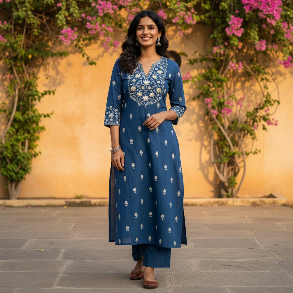 Woman wearing a blue embroidered kurti for women by Rimson Lifestyle