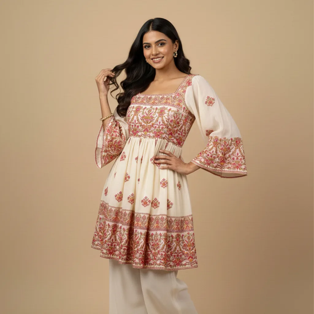 Woman wearing a cream printed ethnic kurti for women by Rimson Lifestyle