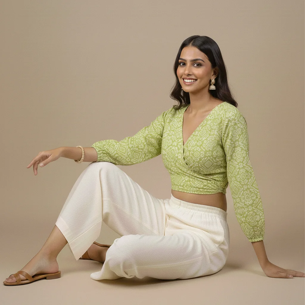 Woman wearing a green printed wrap top with white pants by Rimson Lifestyle