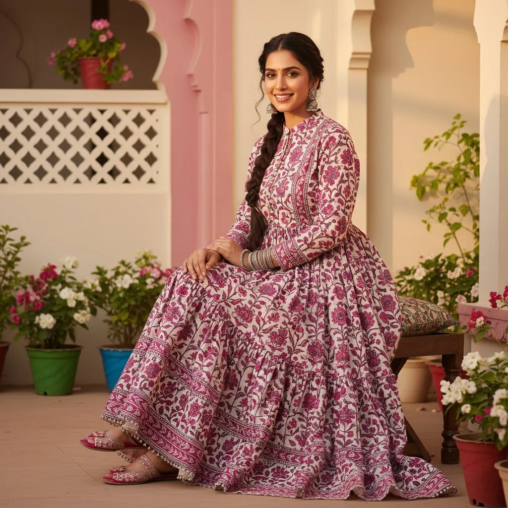Woman wearing a pink floral printed Anarkali dress for women by Rimson Lifestyle